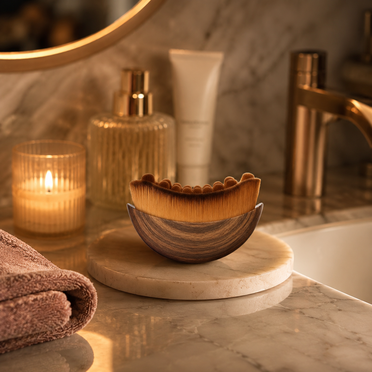 Aeki brush on marble counter with luxury accessories