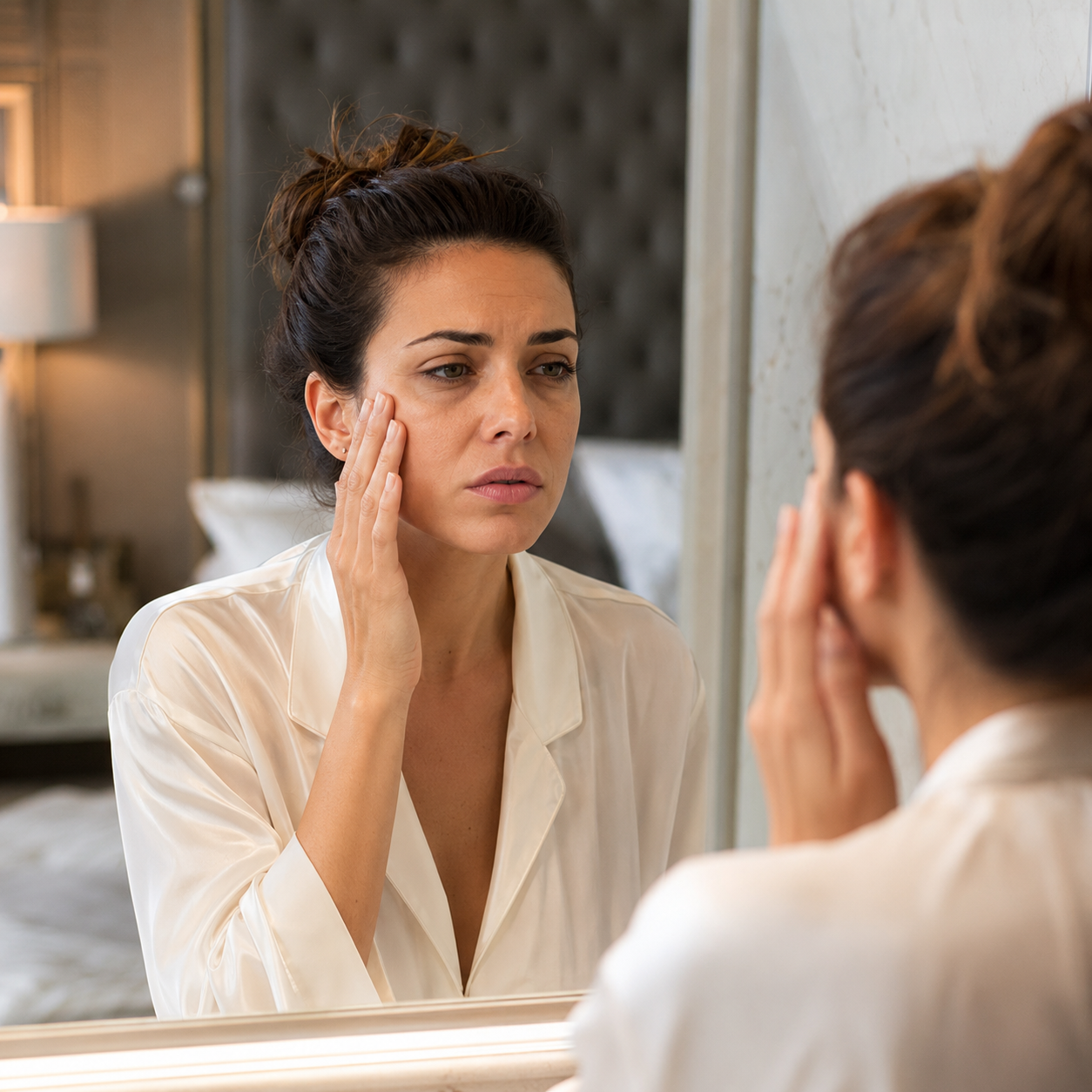 Woman examining face in mirror — morning puffiness